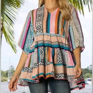 LulaLife Multicolor Patterned Ida Tunic Top S